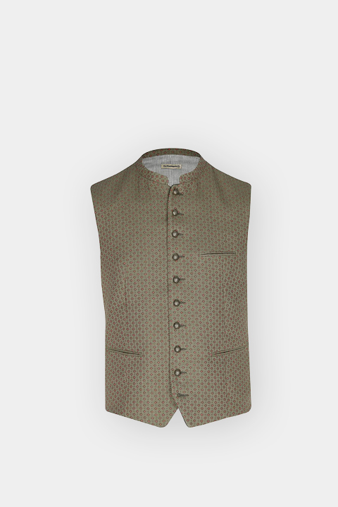 Gilet marrone tradizionale con bottoni, motivo geometrico piccolo e discreto, collo alla coreana e tre tasche anteriori su sfondo chiaro.