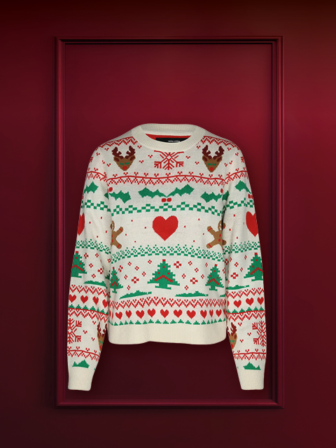 Un festoso maglione natalizio con renna, naso a pompon rosso e sciarpa a motivi rossi e bianchi su sfondo rosso scuro. In alto si legge la scritta "NATALE BRUTTO".