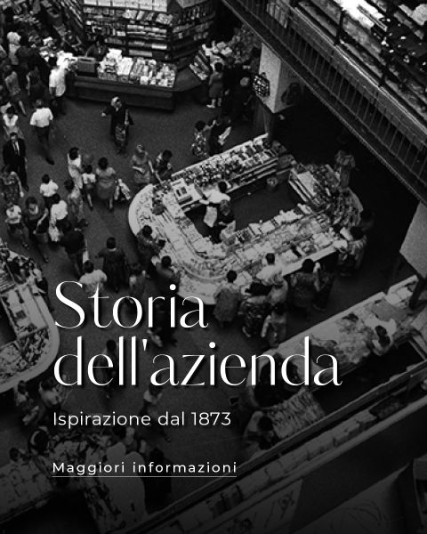 Foto in bianco e nero di un vivace mercato storico o di un grande magazzino con persone che fanno acquisti ai banconi. Storia dell'azienda, Ispirazione dal 1873, Maggiori informazioni.