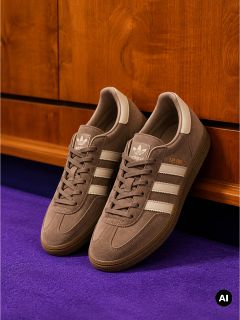 Un paio di sneaker beige-marrone con lacci bianchi si trovano su un pavimento viola davanti a uno sfondo di legno.