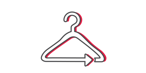 Un disegno minimalista di un appendiabiti, contornato di nero con un'ombra rossa. All'estremità inferiore dell'appendiabiti c'è una freccia che punta a destra, integrata nella forma dell'appendiabiti. Lo sfondo è bianco.