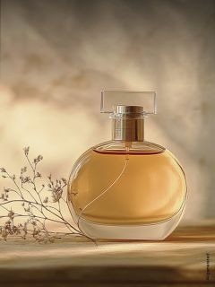 Un flacone rotondo di vetro con liquido dorato, appoggiato su una superficie di legno accanto a delicati fiori secchi, con uno sfondo morbido e sfocato.